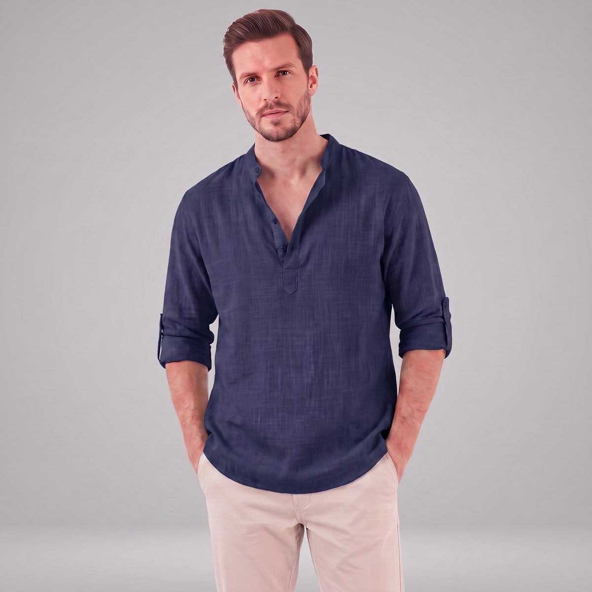 Herren Baumwollhemd Henley mit Krempelärmeln | Gottfried
