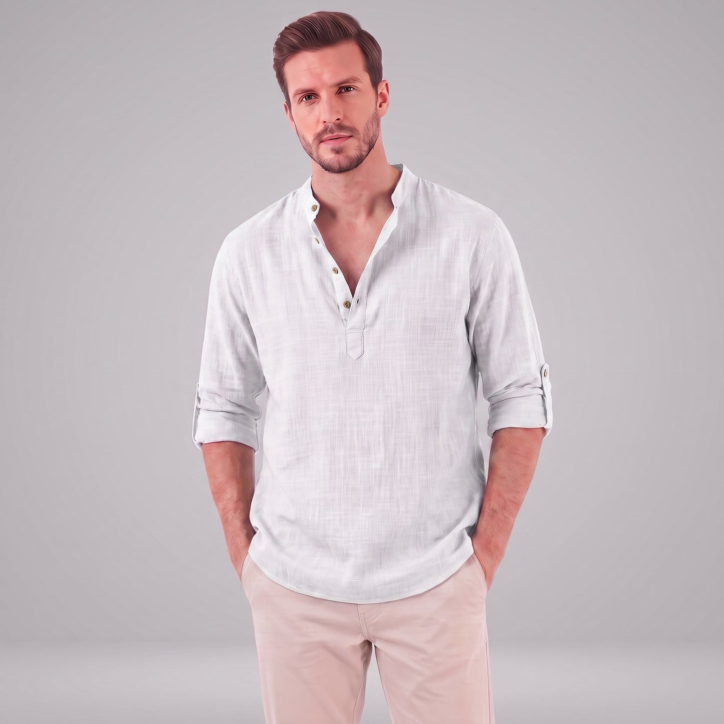 Herren Baumwollhemd Henley mit Krempelärmeln | Gottfried_60