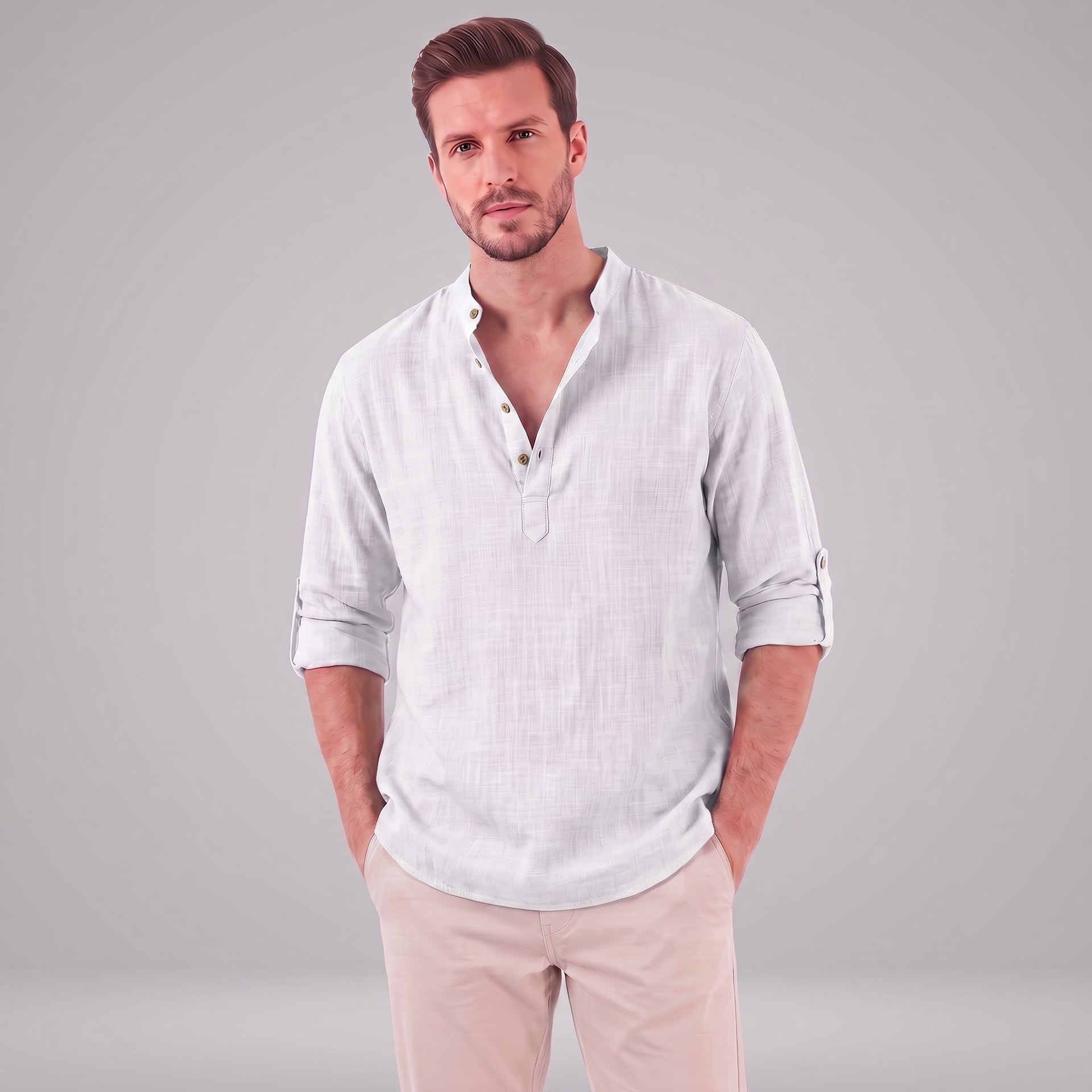 Herren Baumwollhemd Henley mit Krempelärmeln | Gottfried