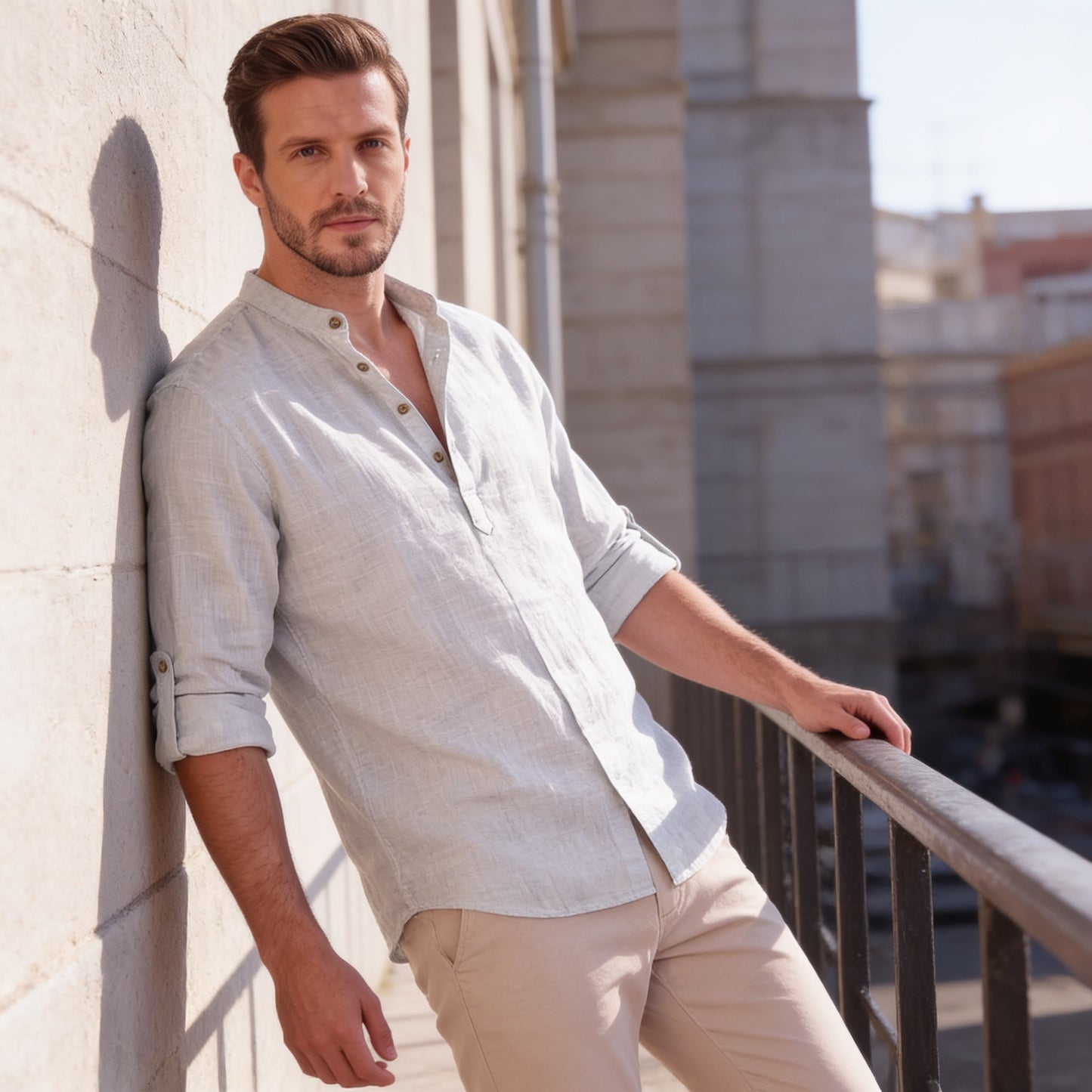 Herren Baumwollhemd Henley mit Krempelärmeln | Gottfried_65
