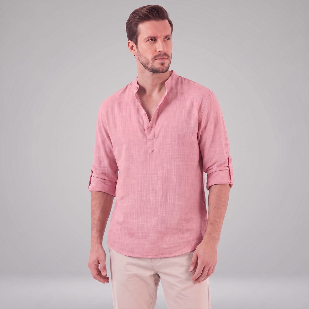 Herren Baumwollhemd Henley mit Krempelärmeln | Gottfried_66