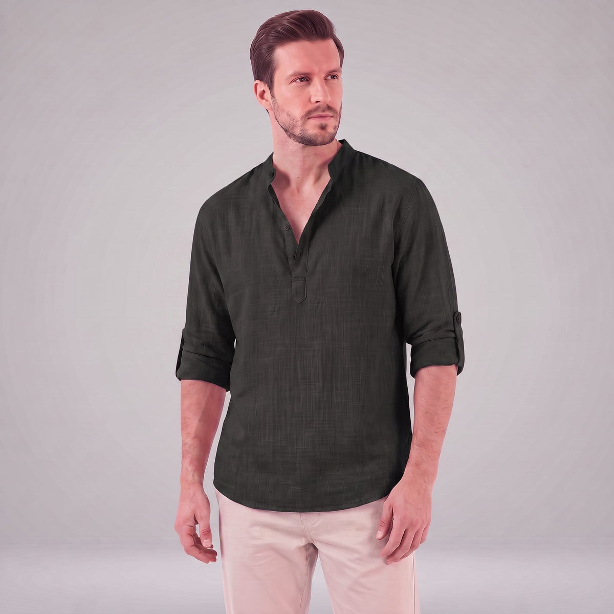 Herren Baumwollhemd Henley mit Krempelärmeln | Gottfried