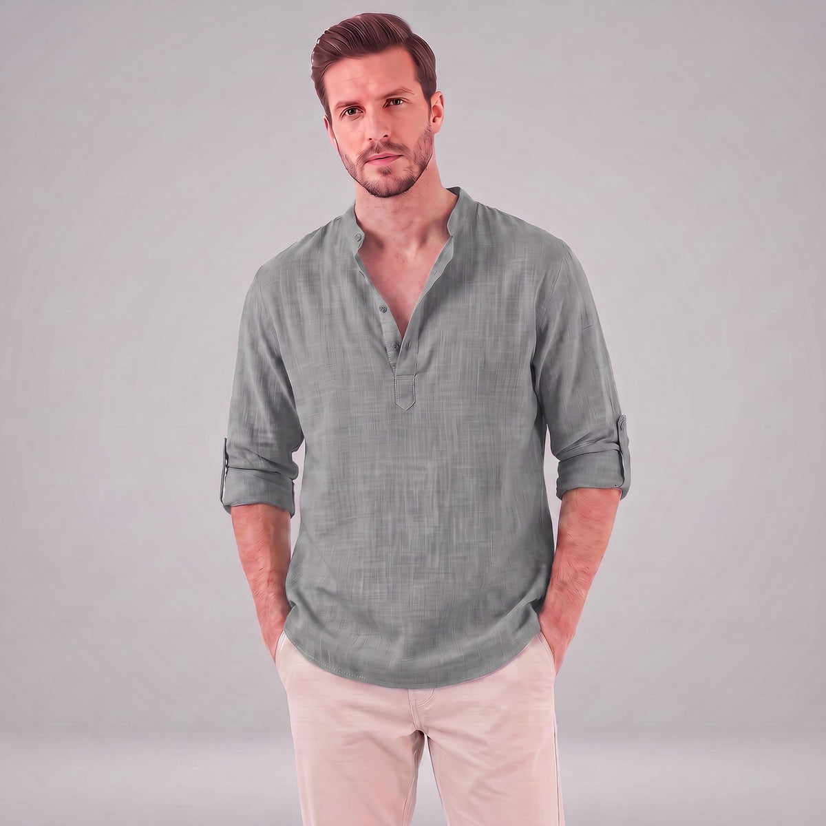Herren Baumwollhemd Henley mit Krempelärmeln | Gottfried_72