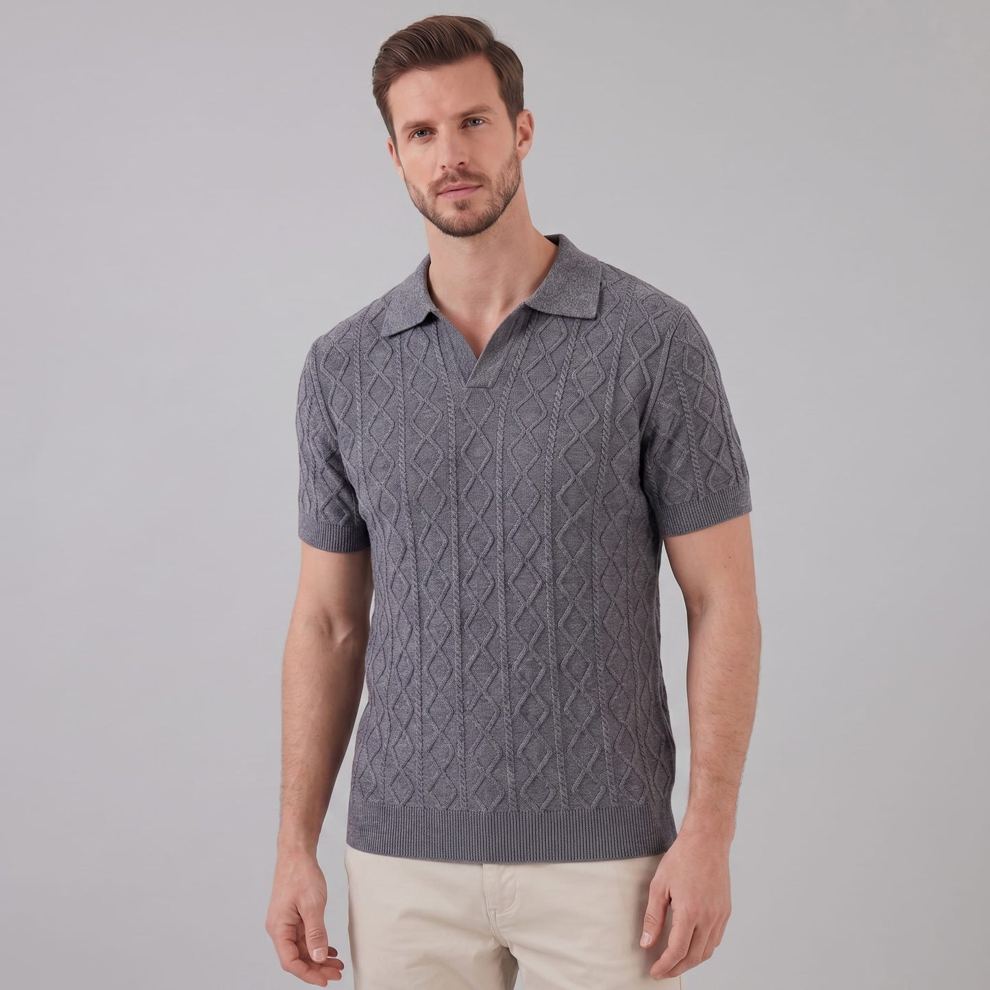 Herren Strickpoloshirt Rautenmuster offener Kragen | Linus_12