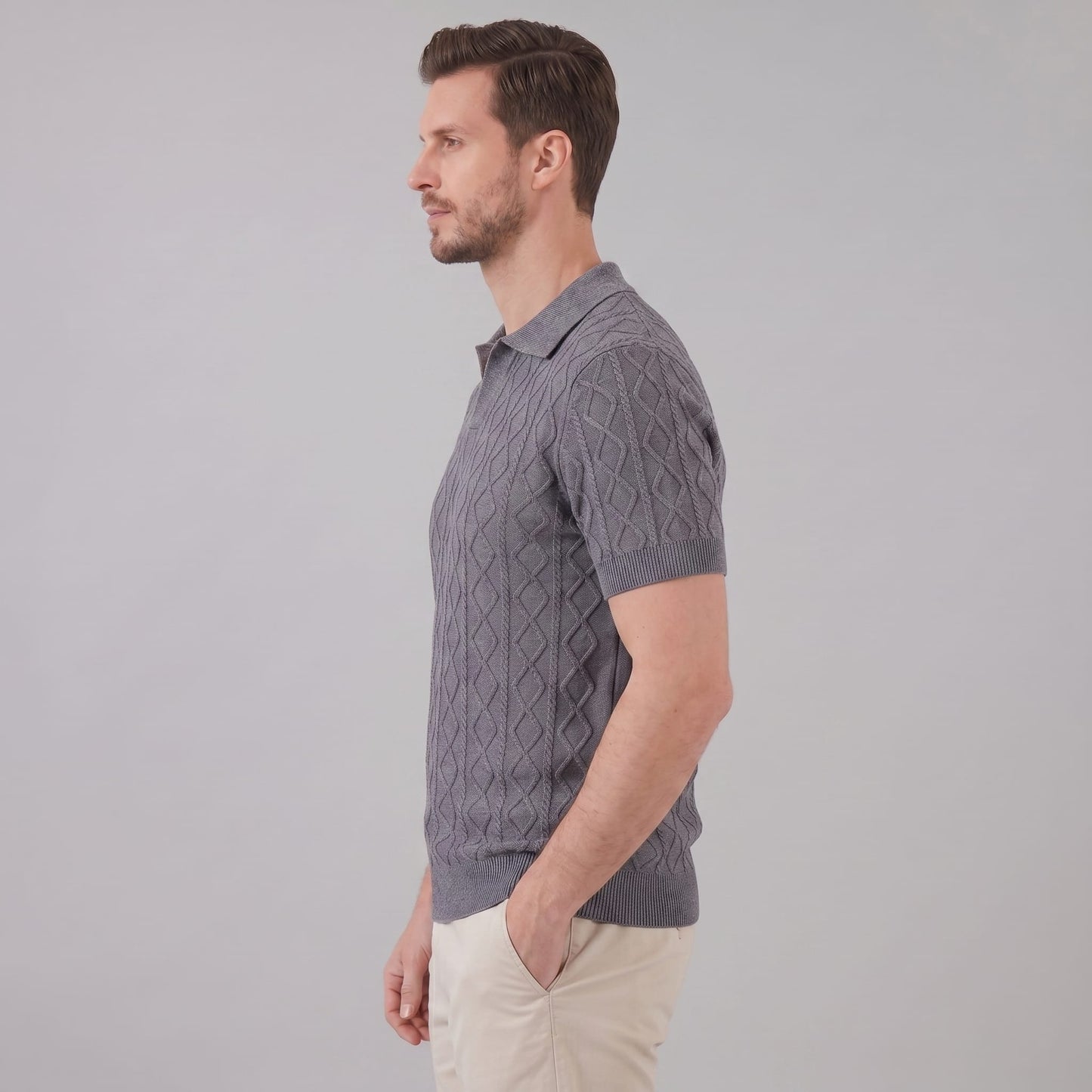 Herren Strickpoloshirt Rautenmuster offener Kragen | Linus_13