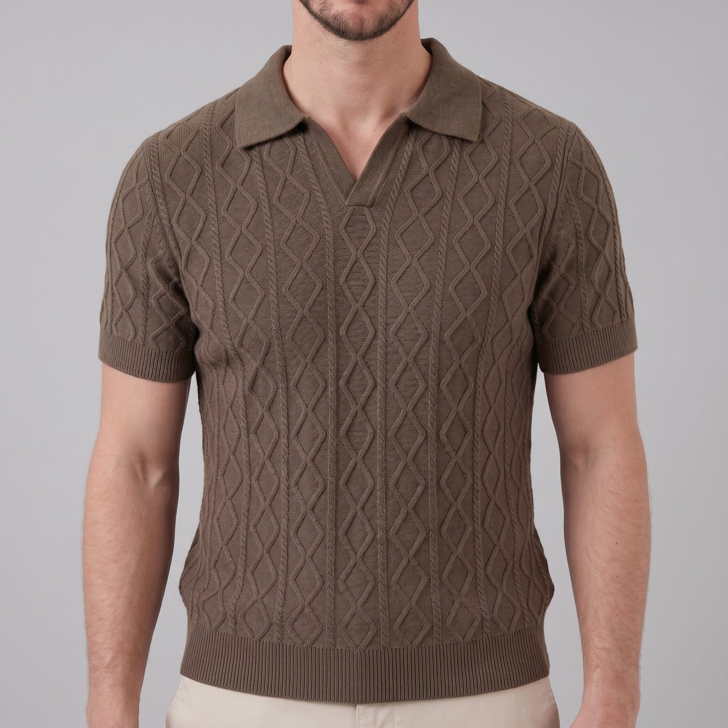 Herren Strickpoloshirt Rautenmuster offener Kragen | Linus_20