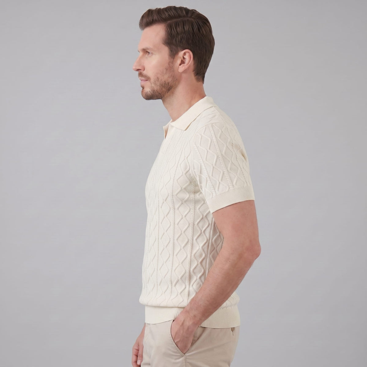 Herren Strickpoloshirt Rautenmuster offener Kragen | Linus_3