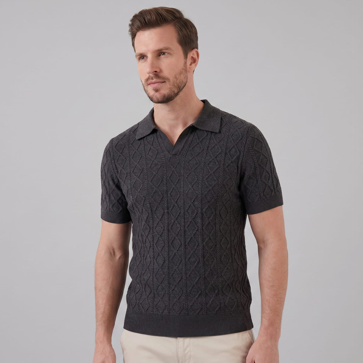 Herren Strickpoloshirt Rautenmuster offener Kragen | Linus