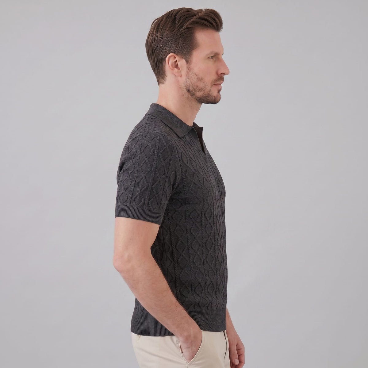 Herren Strickpoloshirt Rautenmuster offener Kragen | Linus