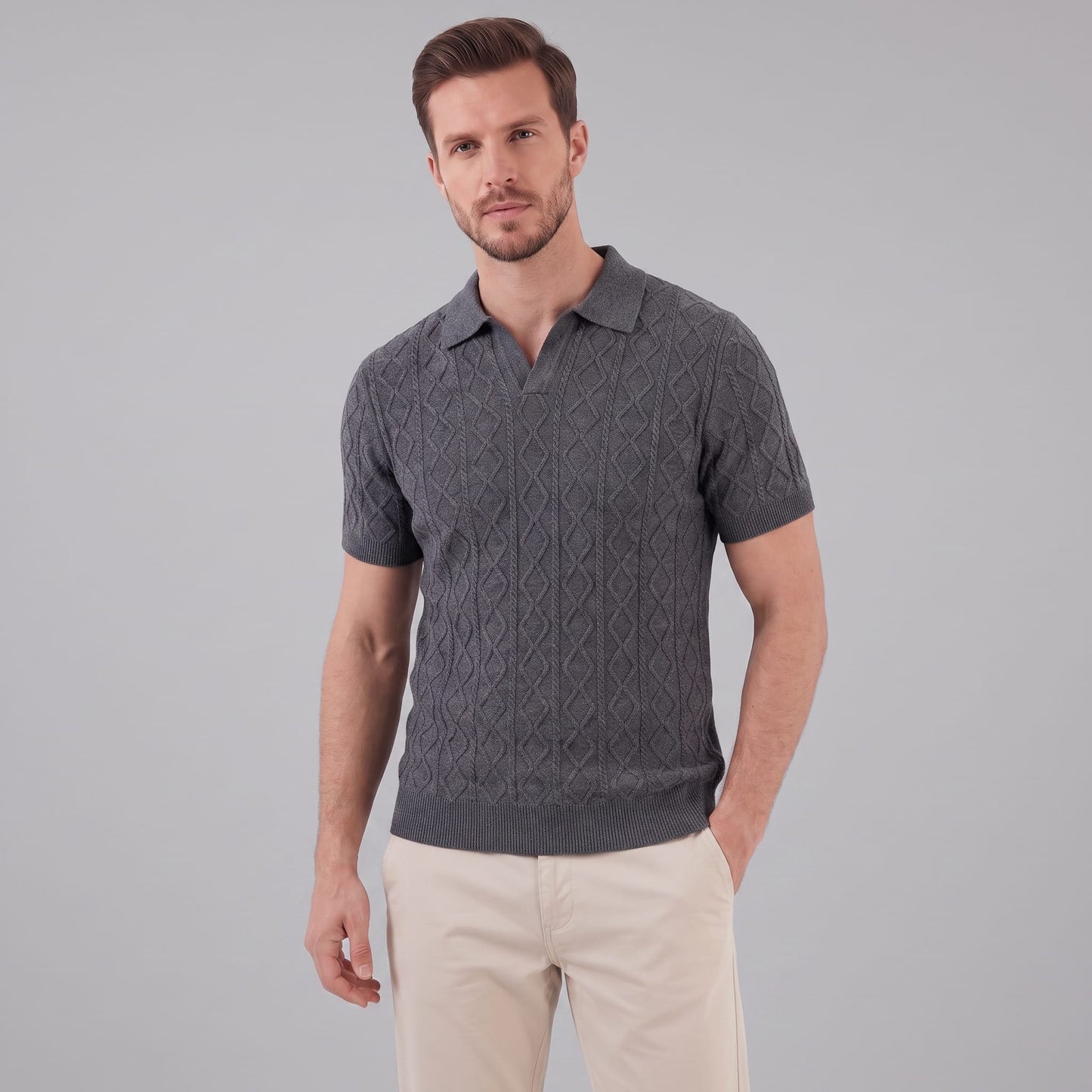 Herren Strickpoloshirt Rautenstruktur mit Reverskragen | Engelbert_13