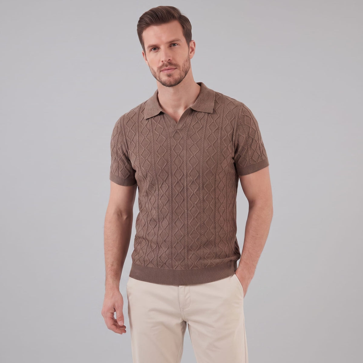 Herren Strickpoloshirt Rautenstruktur mit Reverskragen | Engelbert_19