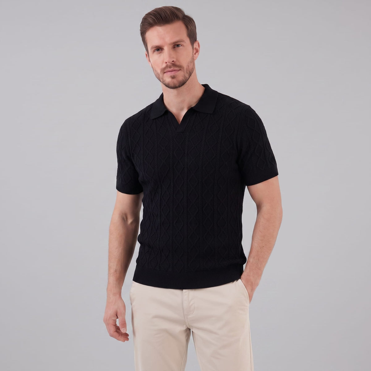 Herren Strickpoloshirt Rautenstruktur mit Reverskragen | Engelbert_7