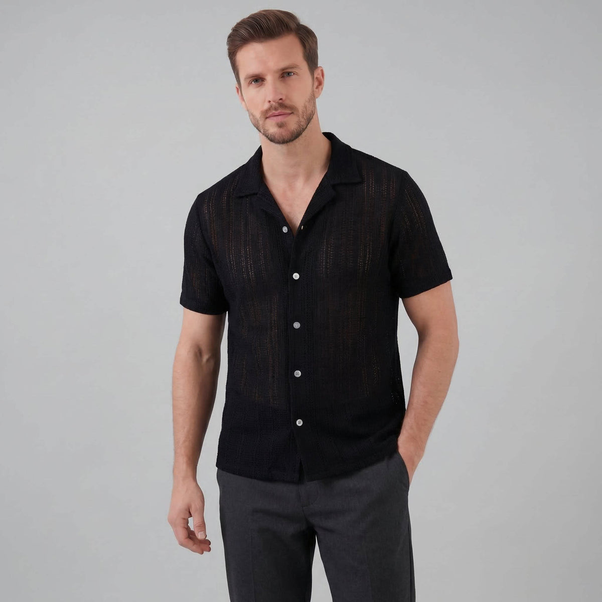 Herren Strickhemd Lochmuster mit Kubakragen | Gustav