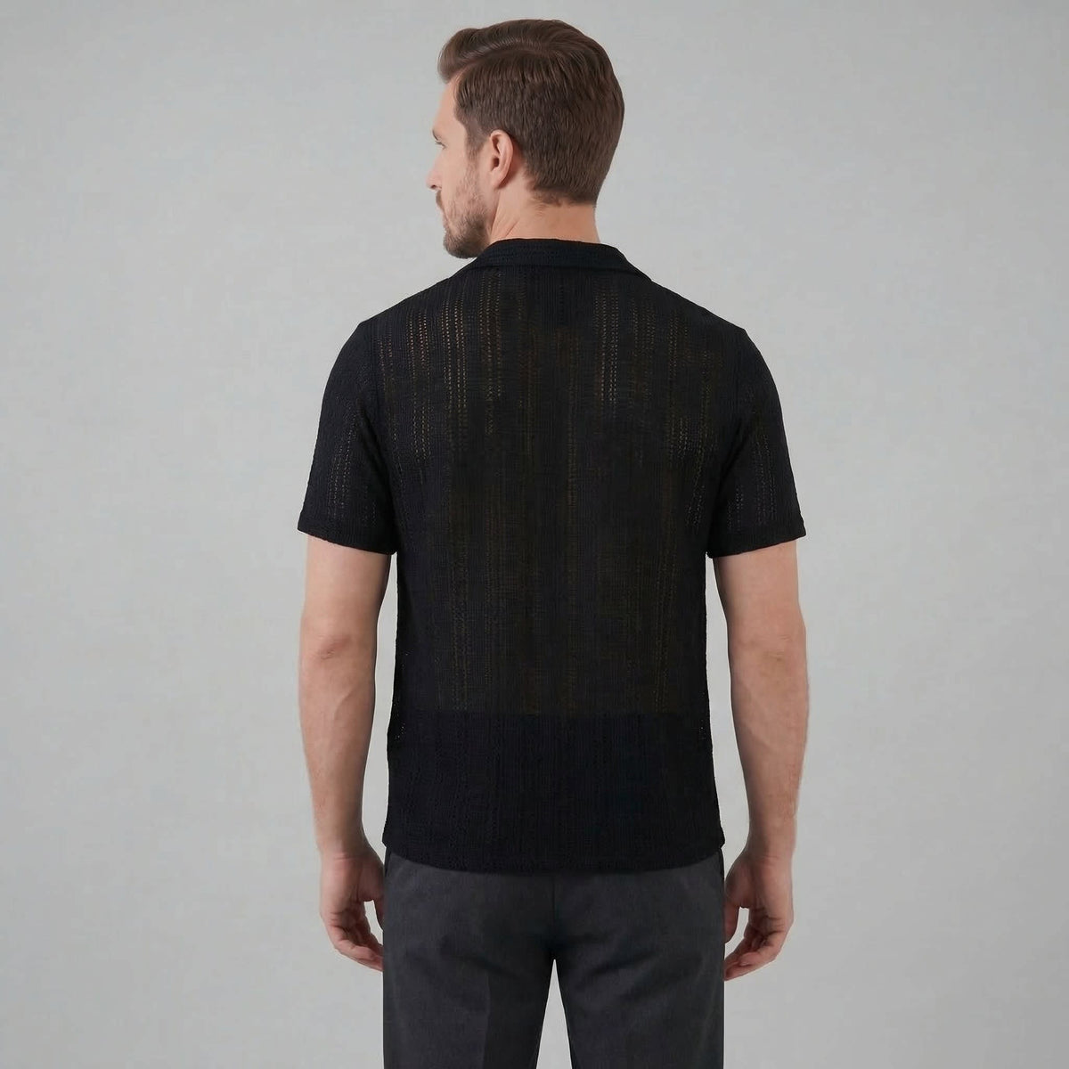 Herren Strickhemd Lochmuster mit Kubakragen | Gustav