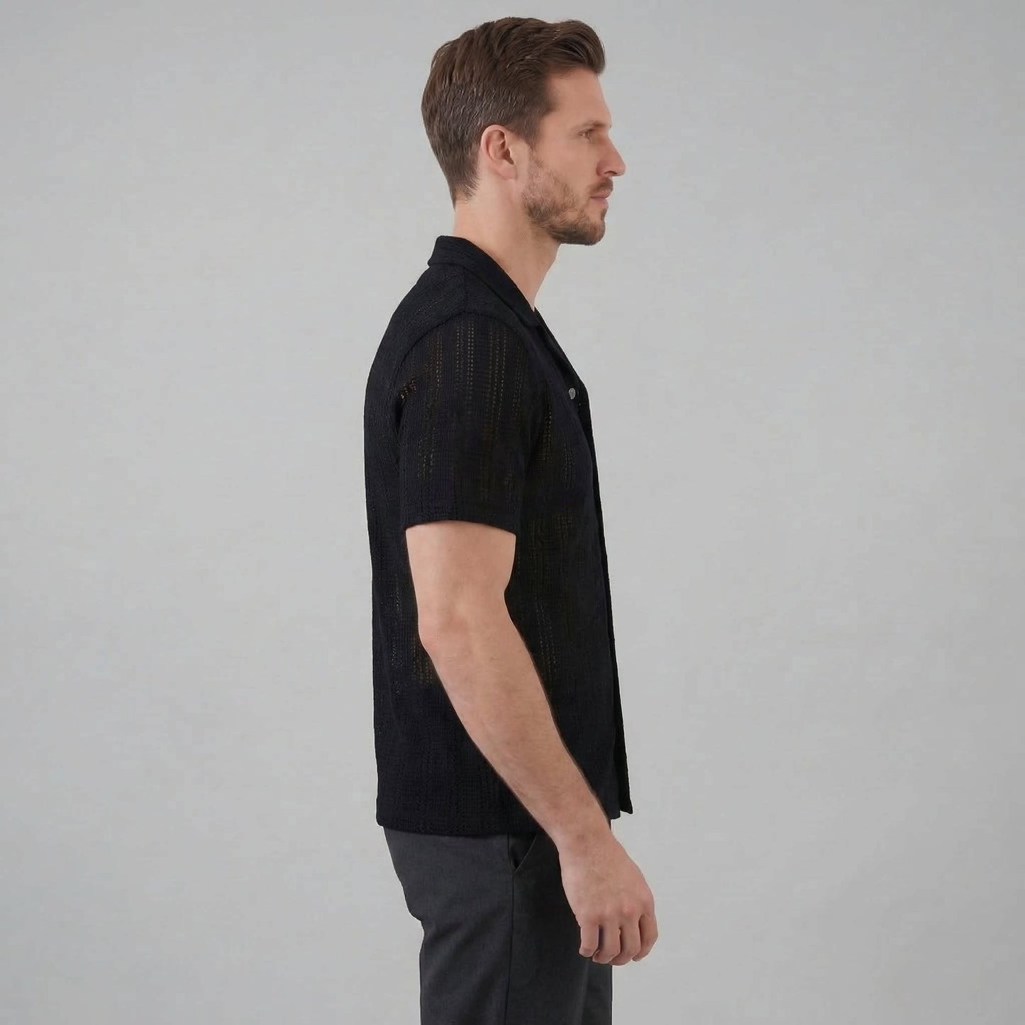 Herren Strickhemd Lochmuster mit Kubakragen | Gustav_8