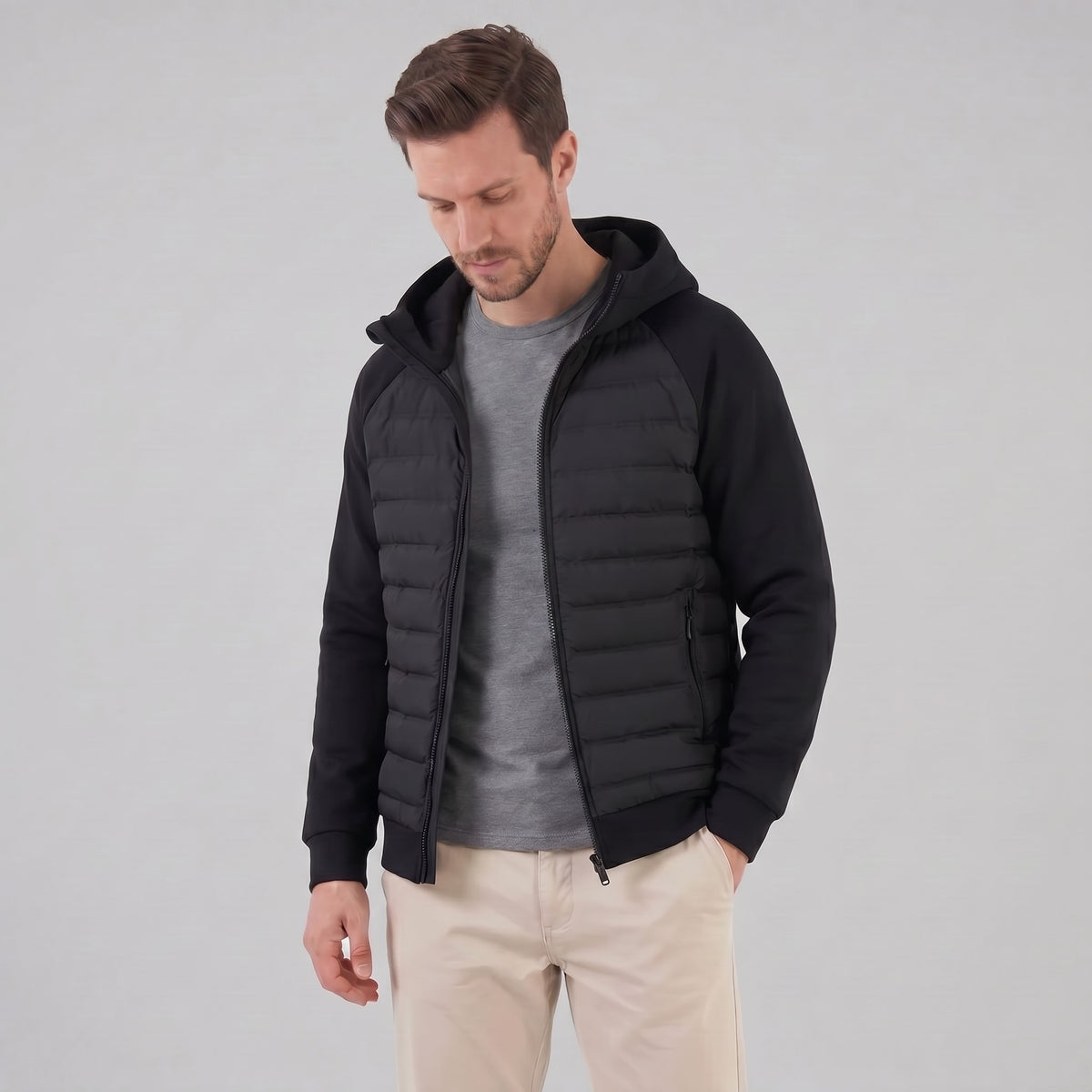 Herren Steppjacke mit Strickärmeln und Kapuze | Wieland_11