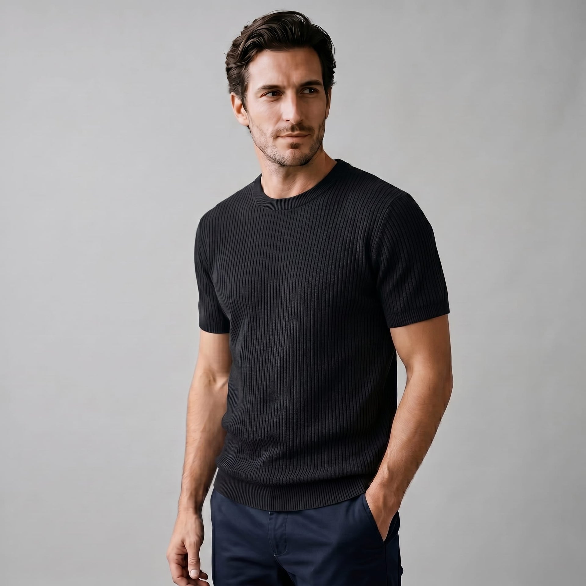 Herren Rippstrickshirt mit Rundhalsausschnitt | Helmfried