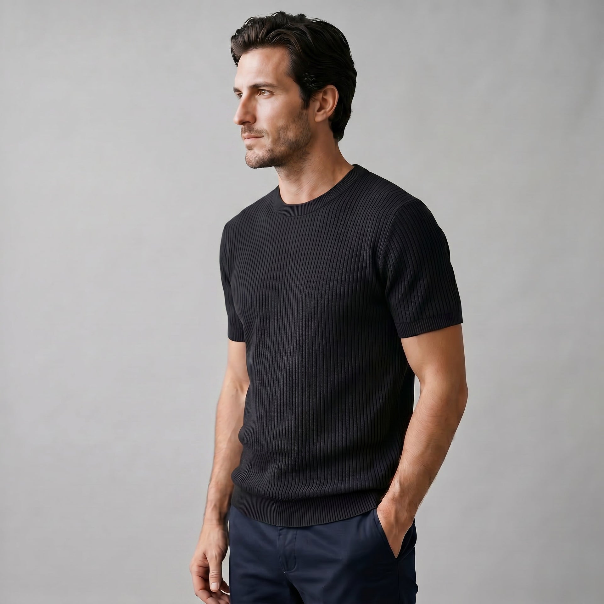 Herren Rippstrickshirt mit Rundhalsausschnitt | Helmfried