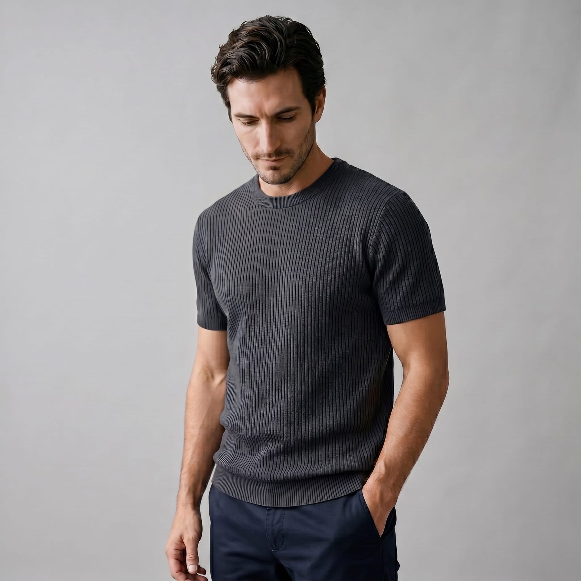 Herren Rippstrickshirt mit Rundhalsausschnitt | Helmfried