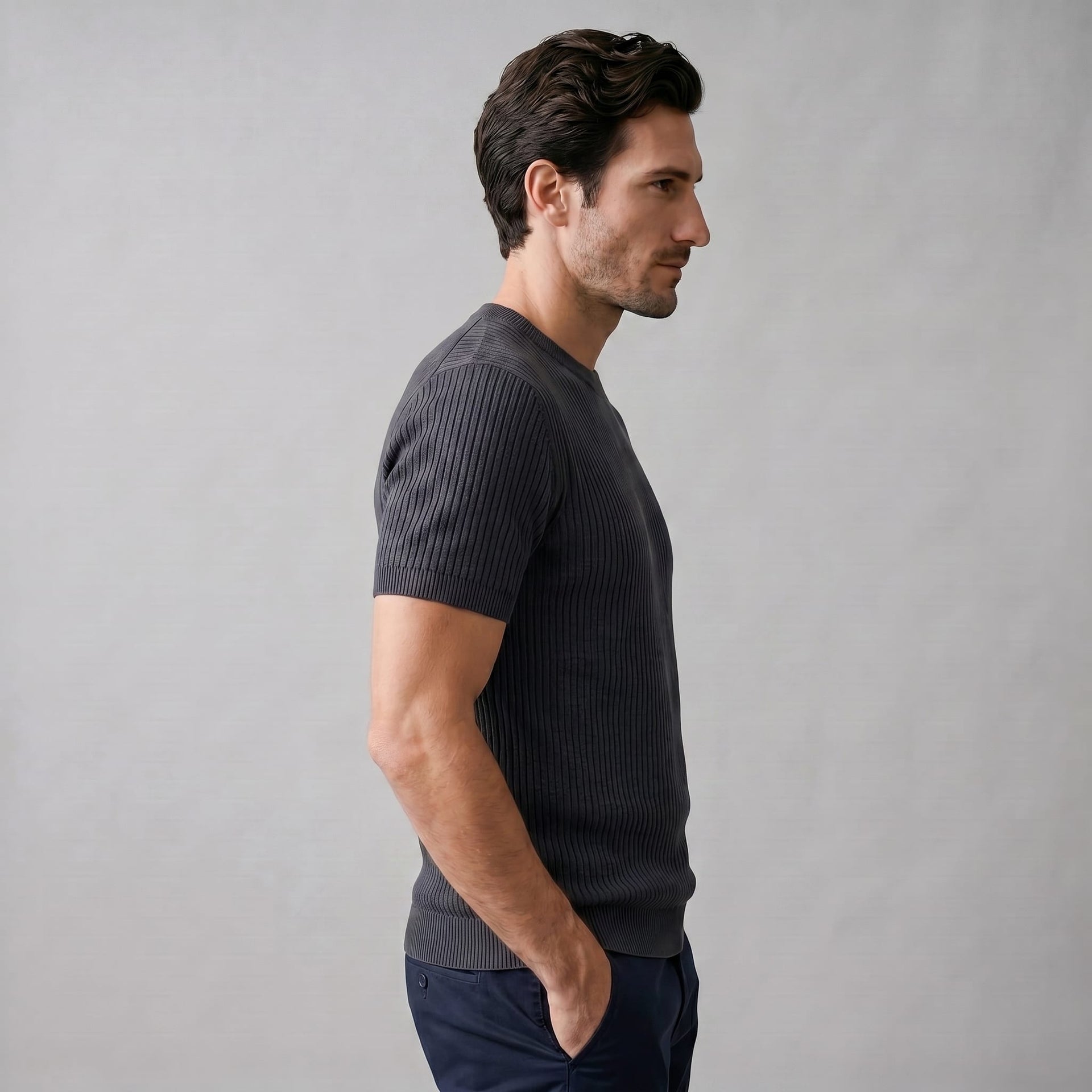 Herren Rippstrickshirt mit Rundhalsausschnitt | Helmfried