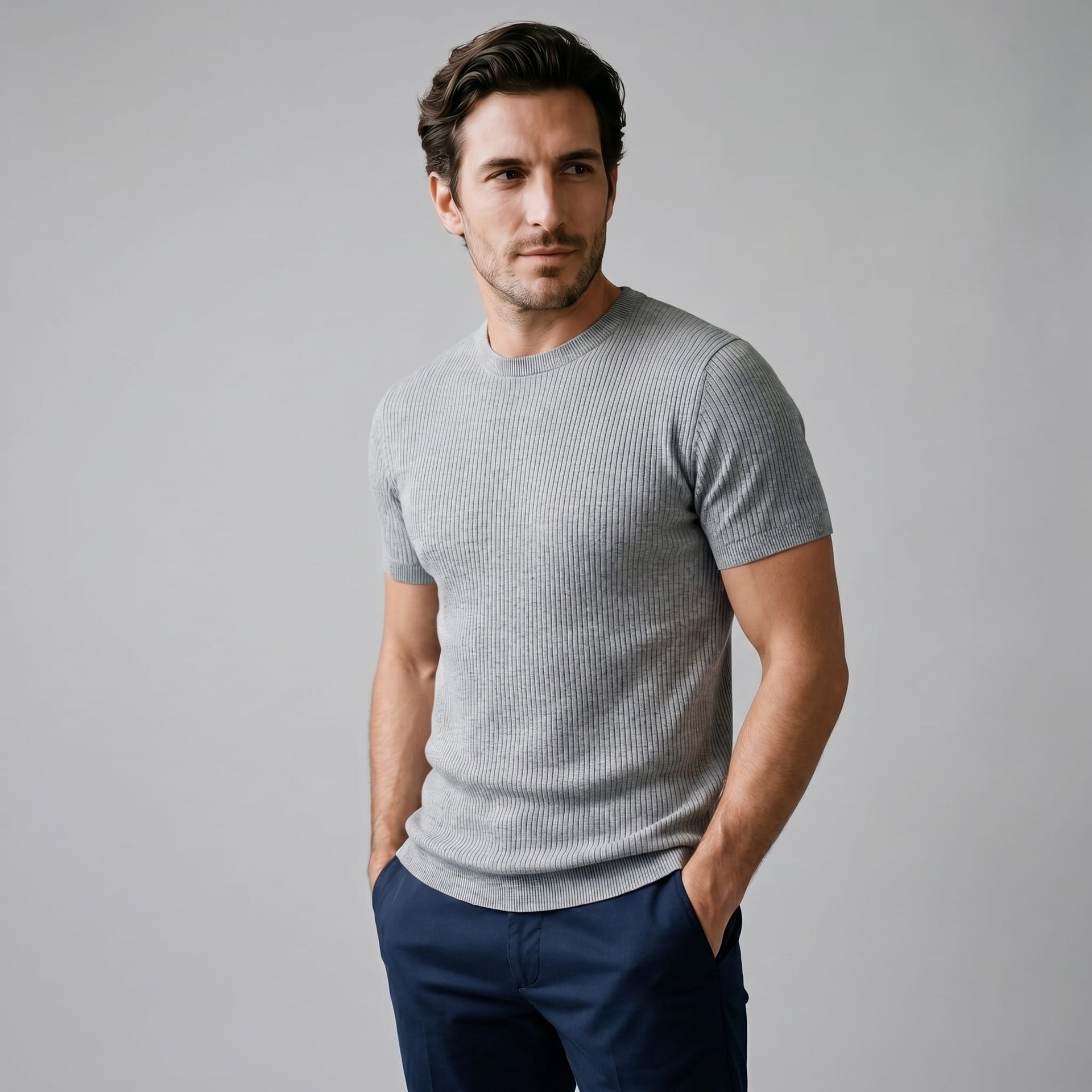 Herren Rippstrickshirt mit Rundhalsausschnitt | Helmfried
