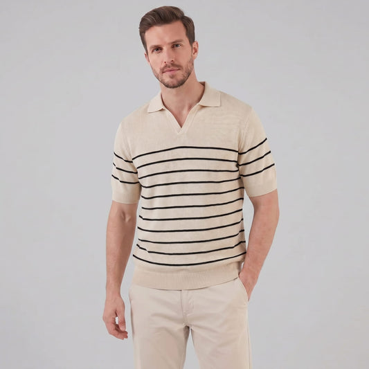 Herren Strickpoloshirt gestreift mit offenem Kragen | Gottlob_1