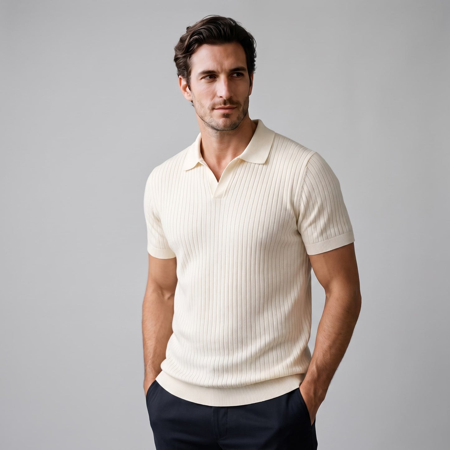 Herren Rippstrickpoloshirt Slim Fit mit V-Ausschnitt | Götz_1