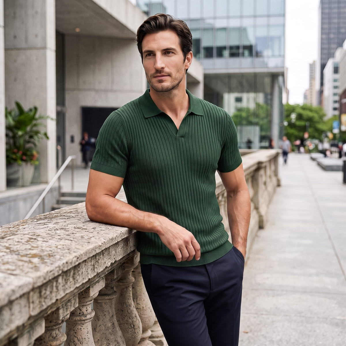 Herren Rippstrickpoloshirt Slim Fit mit V-Ausschnitt | Götz