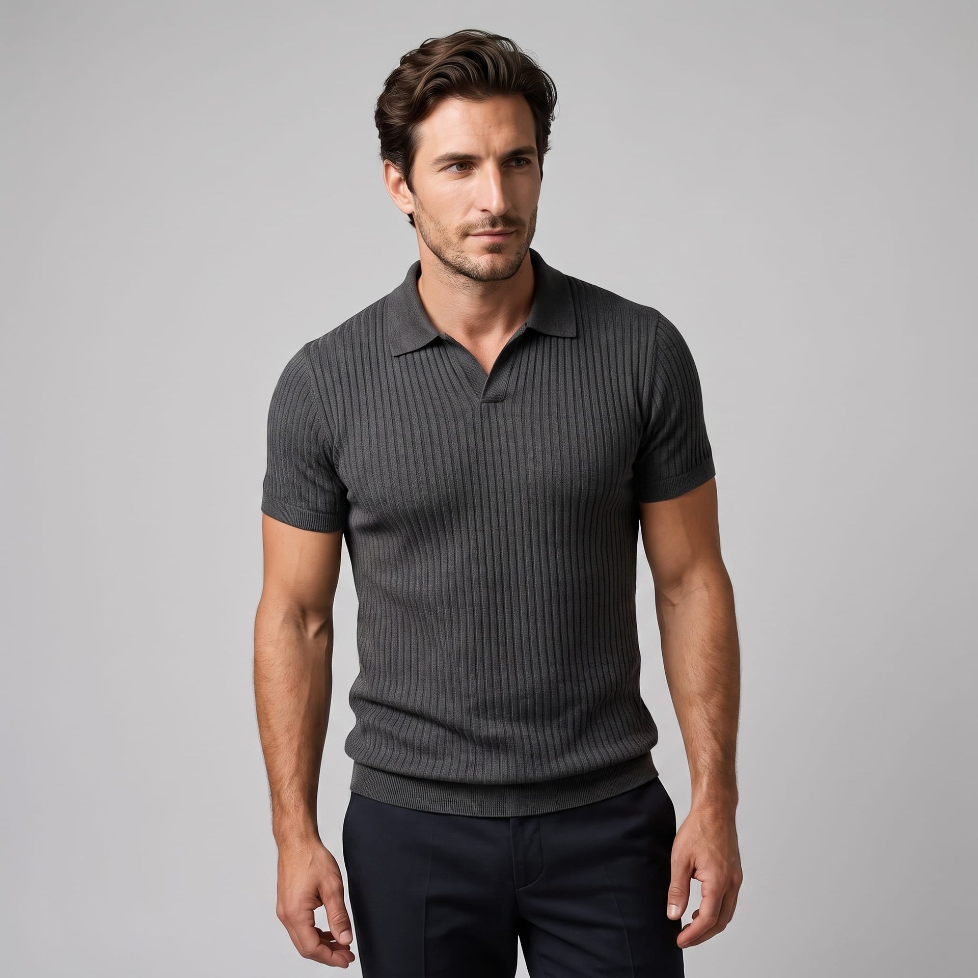 Herren Rippstrickpoloshirt Slim Fit mit V-Ausschnitt | Götz