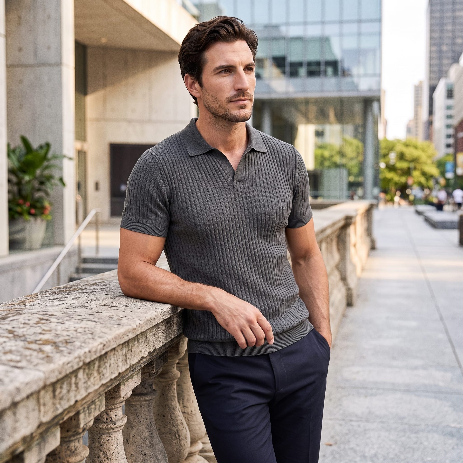 Herren Rippstrickpoloshirt Slim Fit mit V-Ausschnitt | Götz