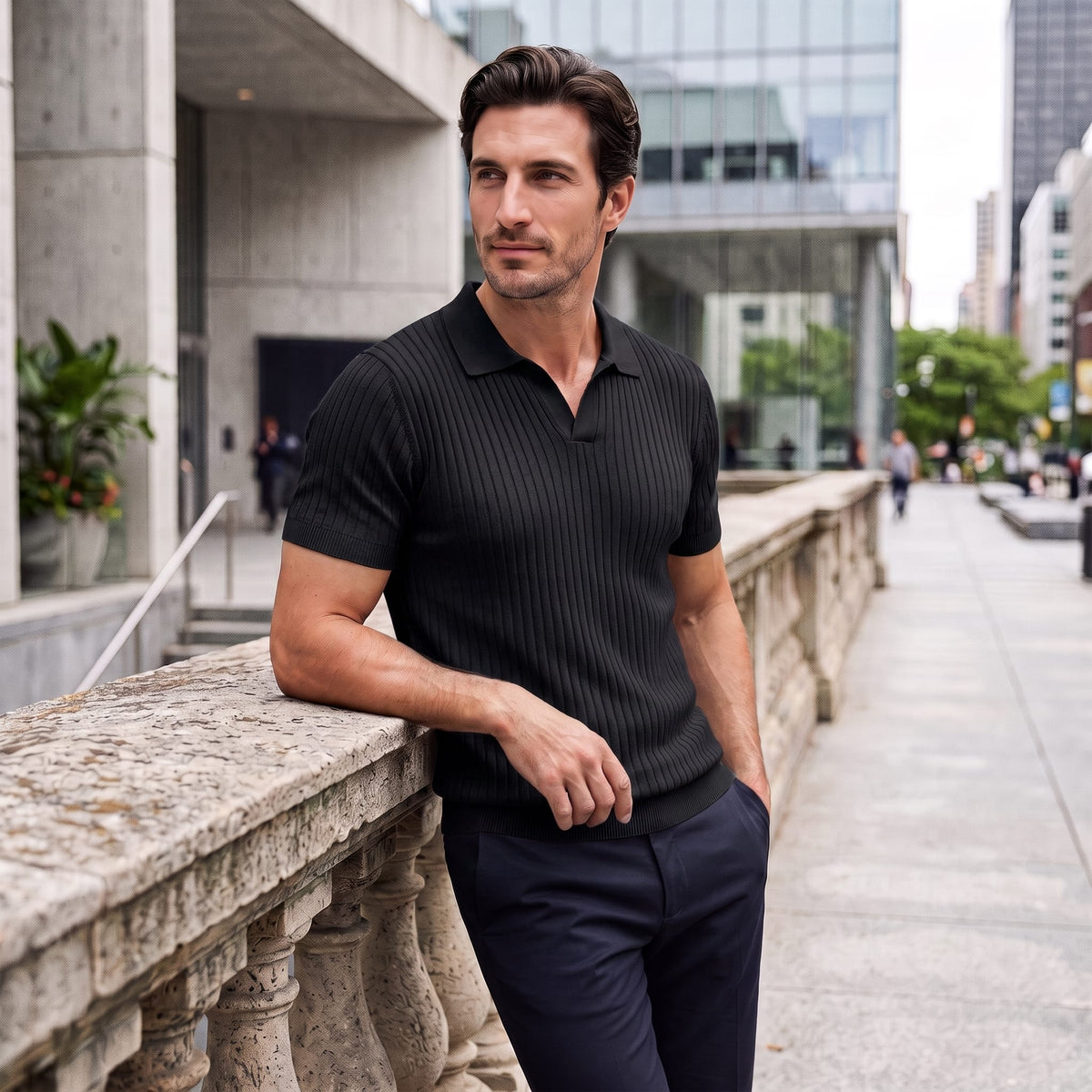 Herren Rippstrickpoloshirt Slim Fit mit V-Ausschnitt | Götz