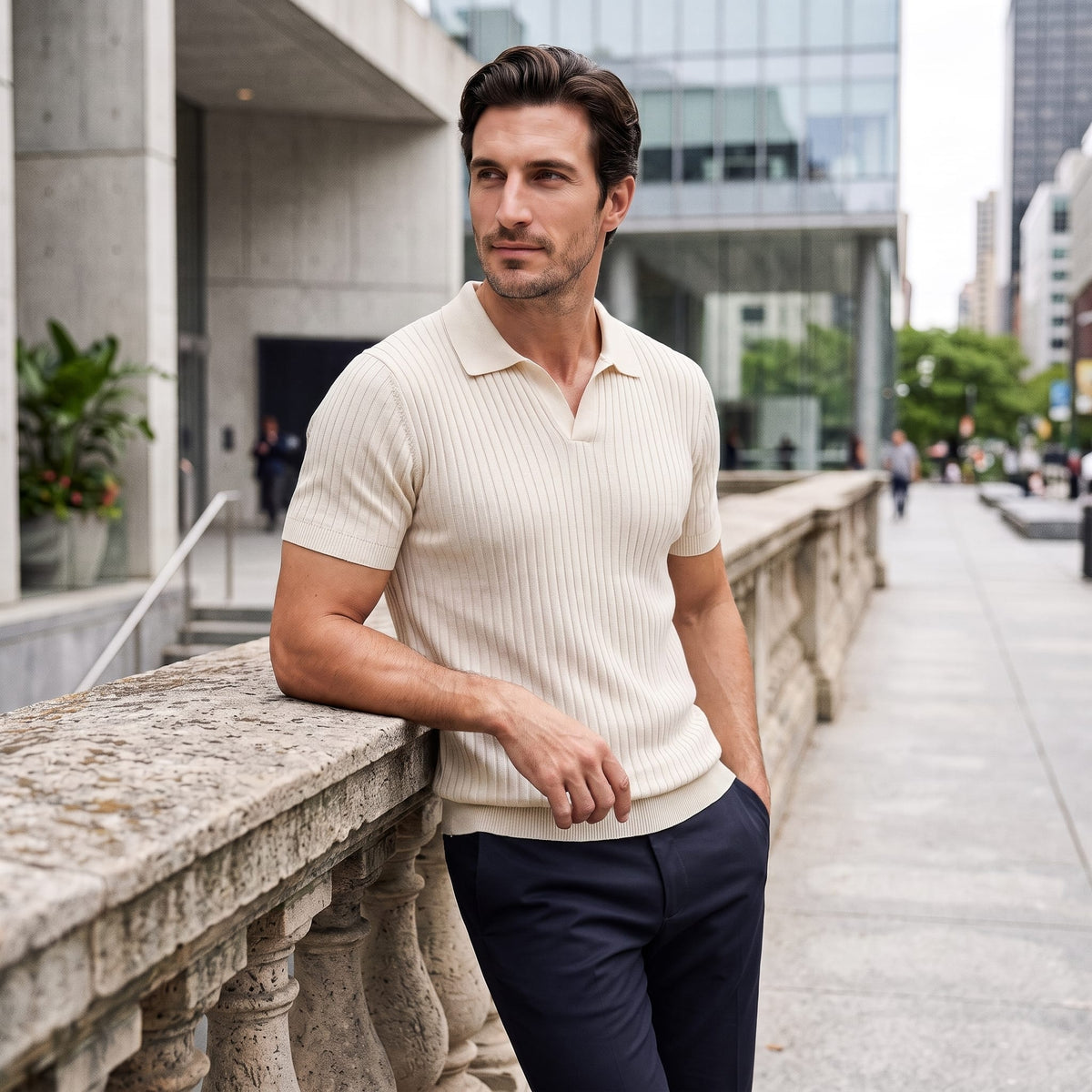 Herren Rippstrickpoloshirt Slim Fit mit V-Ausschnitt | Götz_6