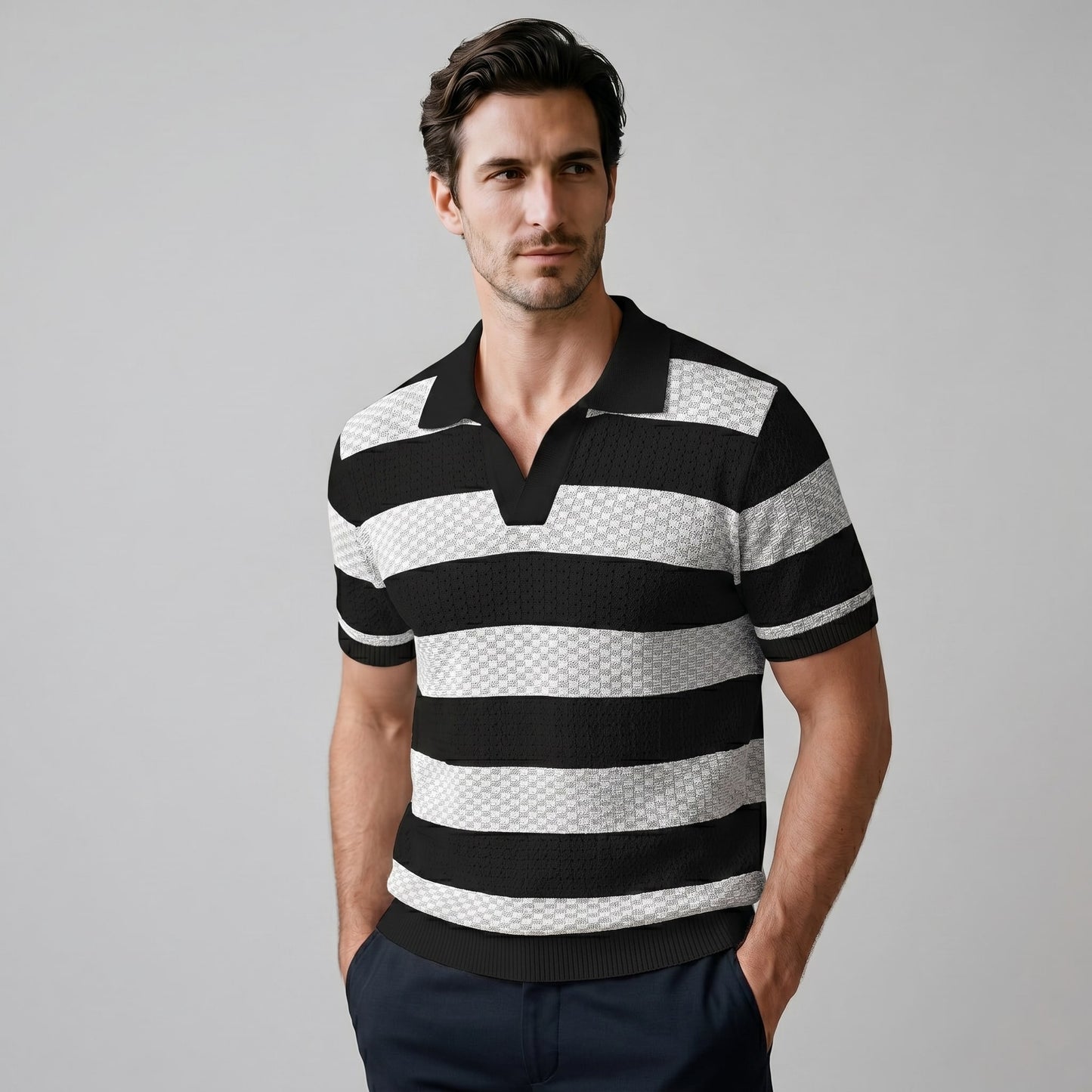 Herren Strickpoloshirt mit Jacquardstreifen | Günter_17