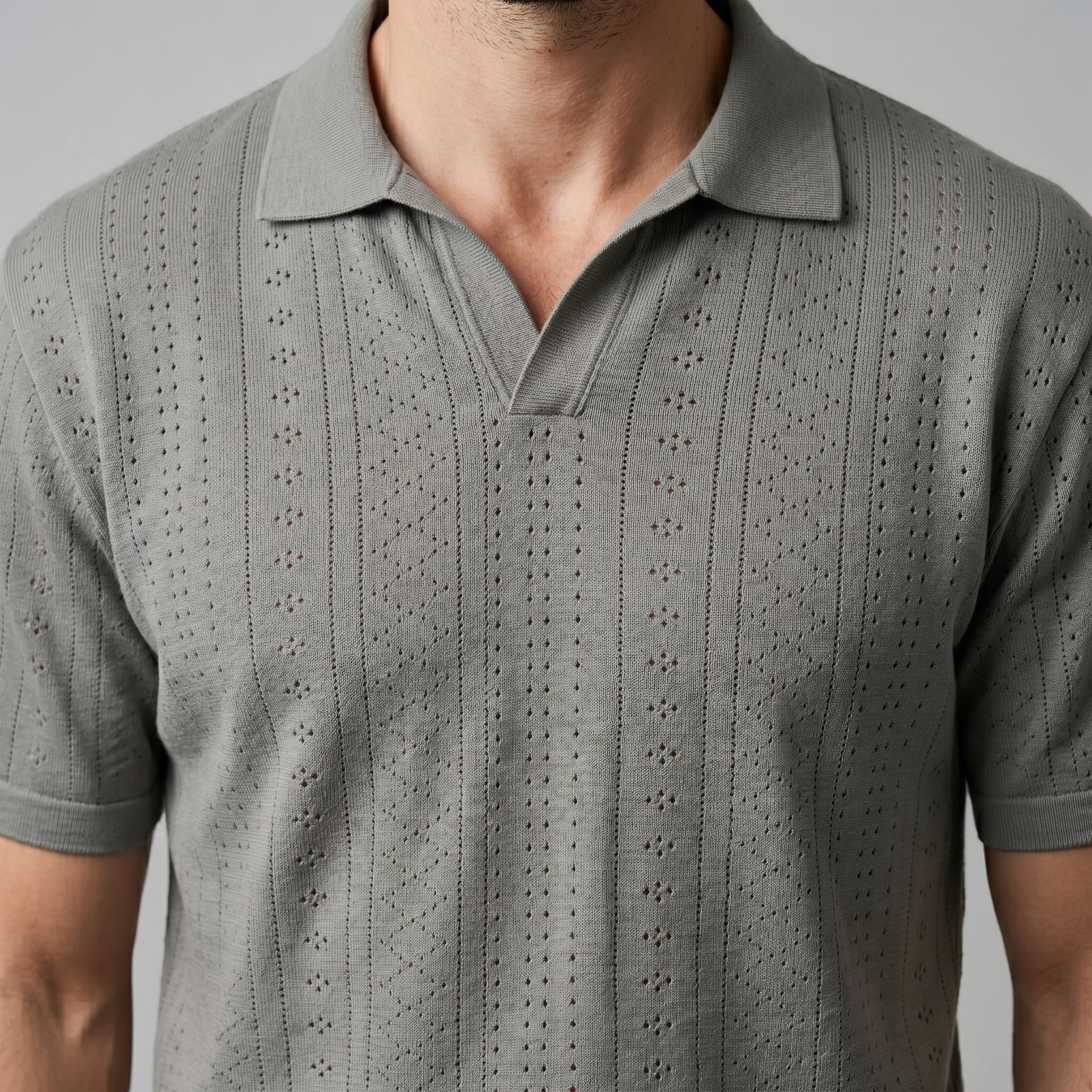 Herren Strickpolo mit Ajourmuster und offenem Kragen | Patrick