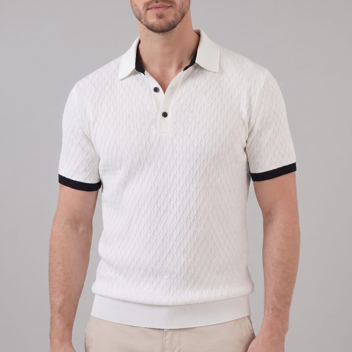 Herren Strickpolo mit Rautenmuster und Kontrastdetails | Peter_3