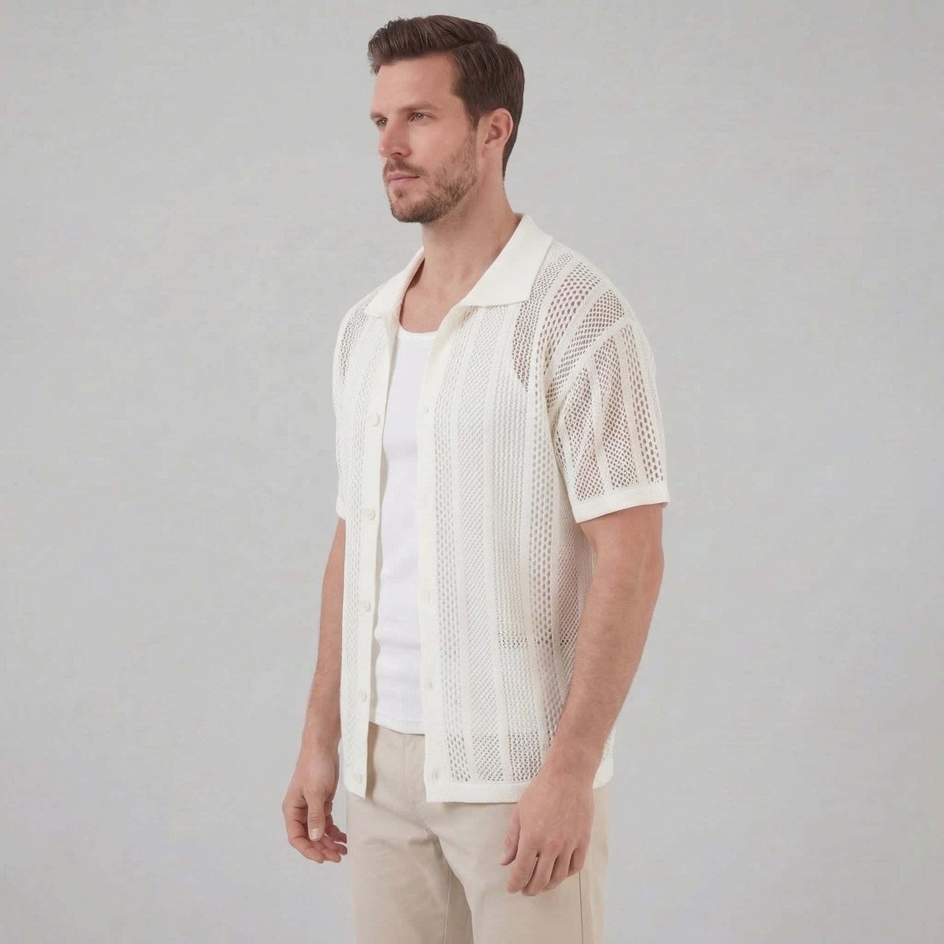 Herren Strickhemd Lochmuster mit Kubakragen | Korbinian