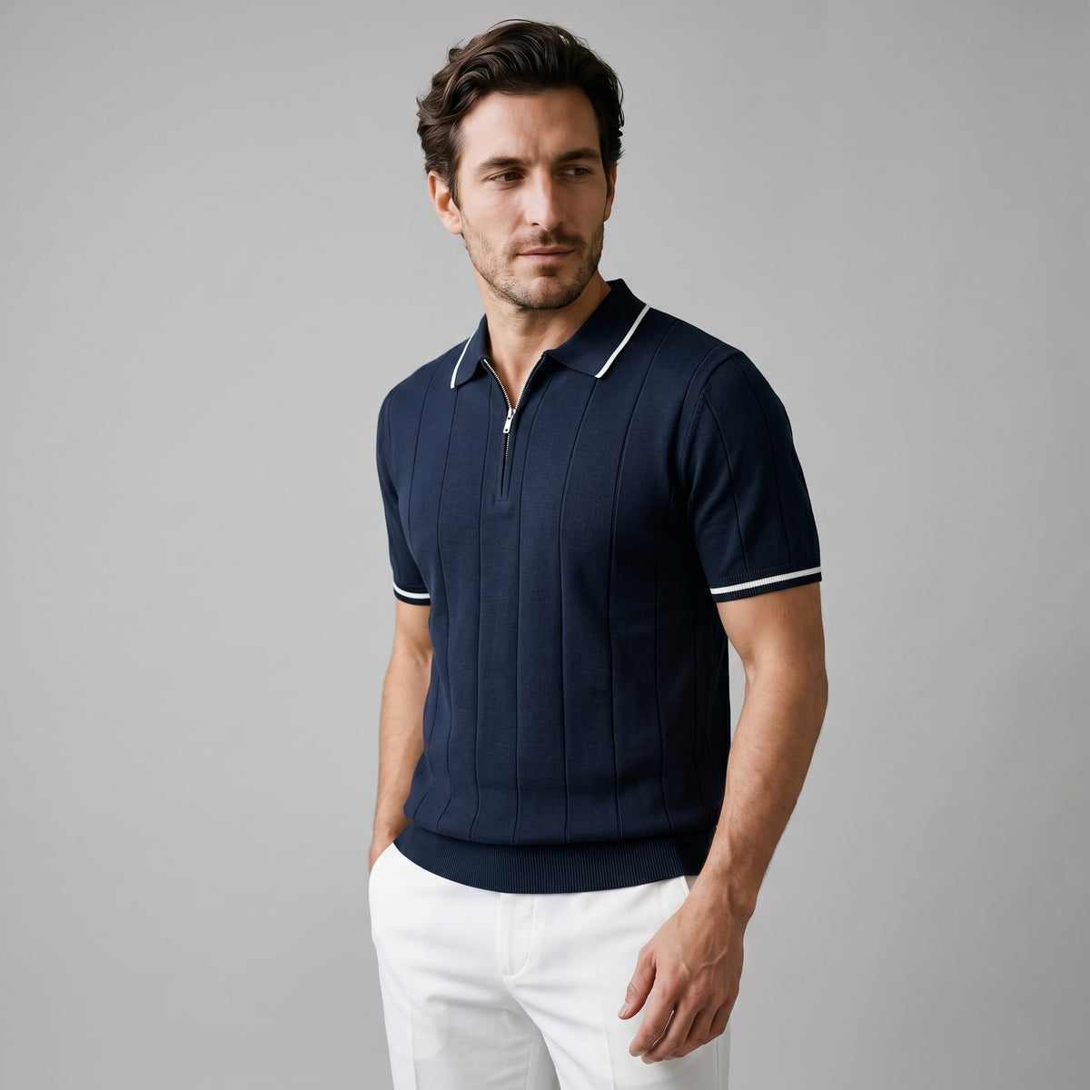 Herren Strickpolo mit Reißverschluss Slim Fit | Quirin