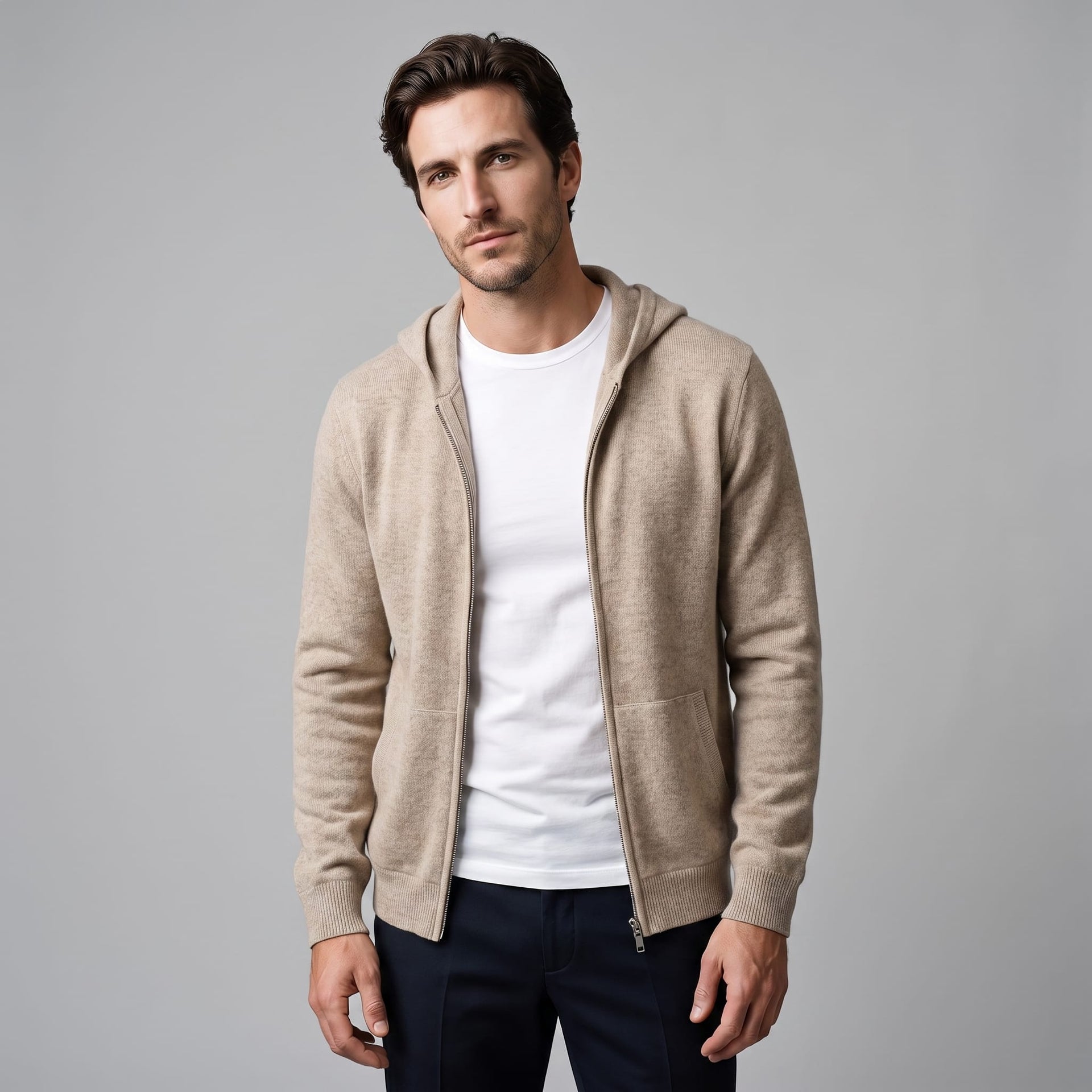 Herren Wollstrickjacke mit Kapuze und Reißverschluss | Thilo