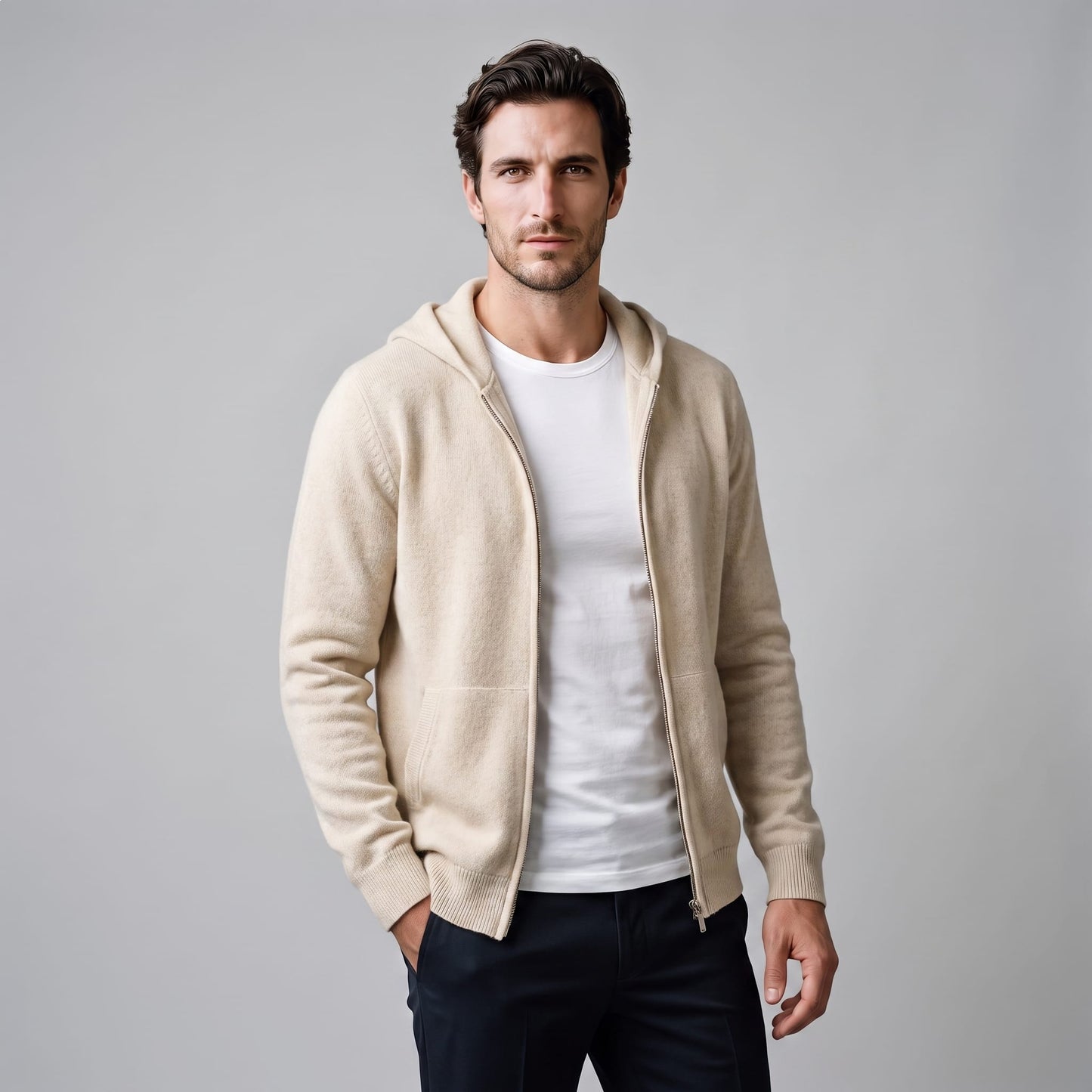 Herren Wollstrickjacke mit Kapuze und Reißverschluss | Thilo_16