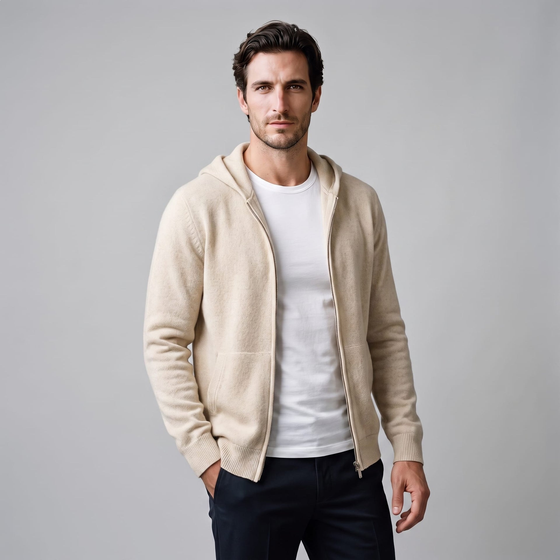 Herren Wollstrickjacke mit Kapuze und Reißverschluss | Thilo