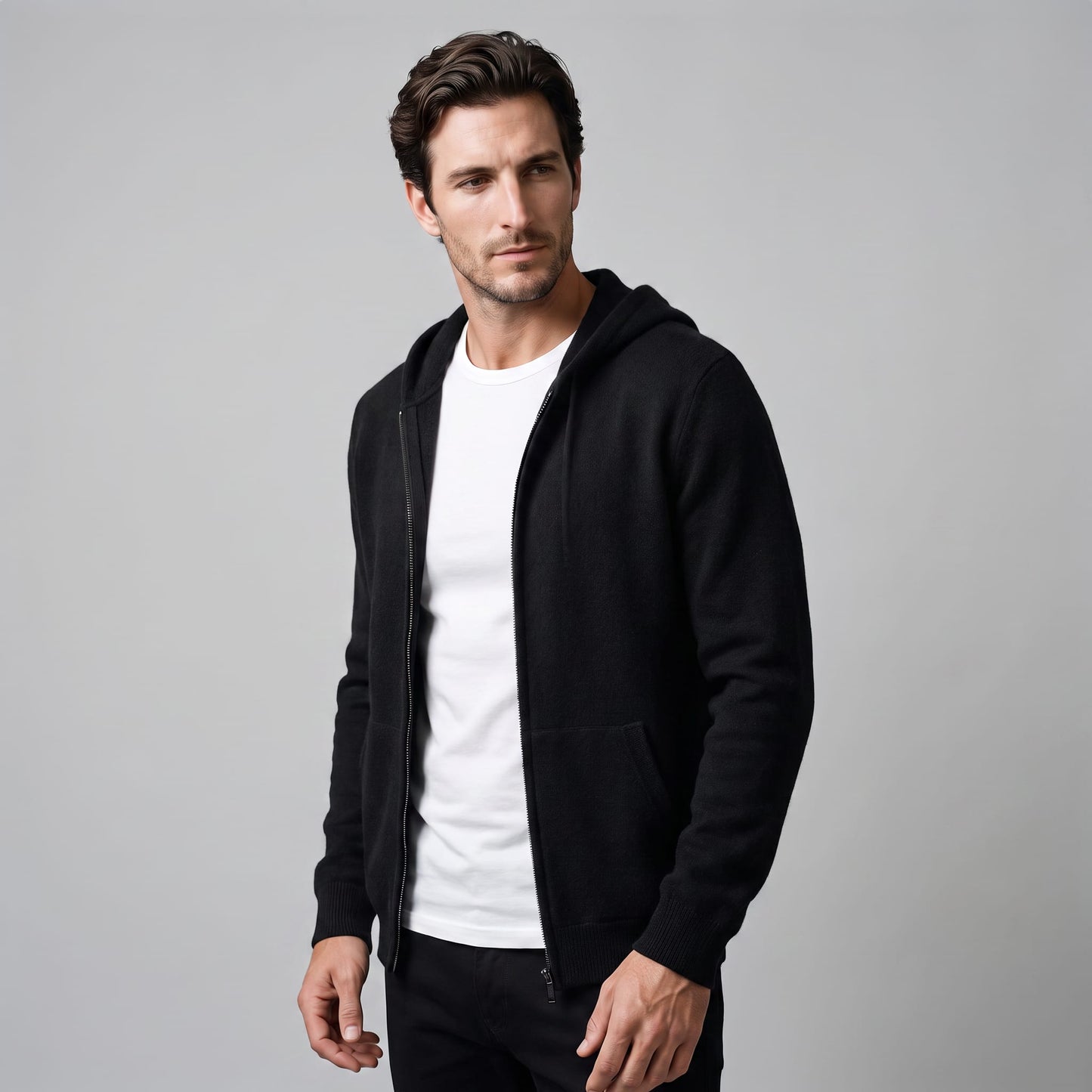 Herren Wollstrickjacke mit Kapuze und Reißverschluss | Thilo_21