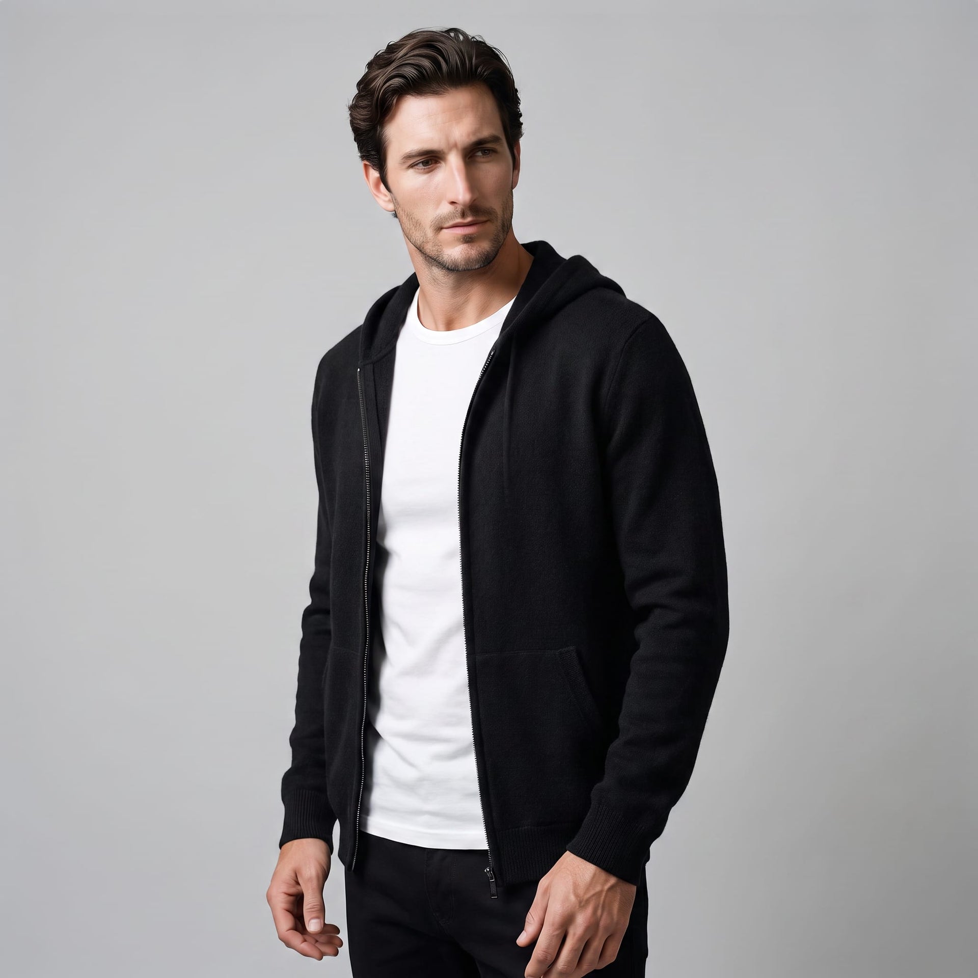 Herren Wollstrickjacke mit Kapuze und Reißverschluss | Thilo
