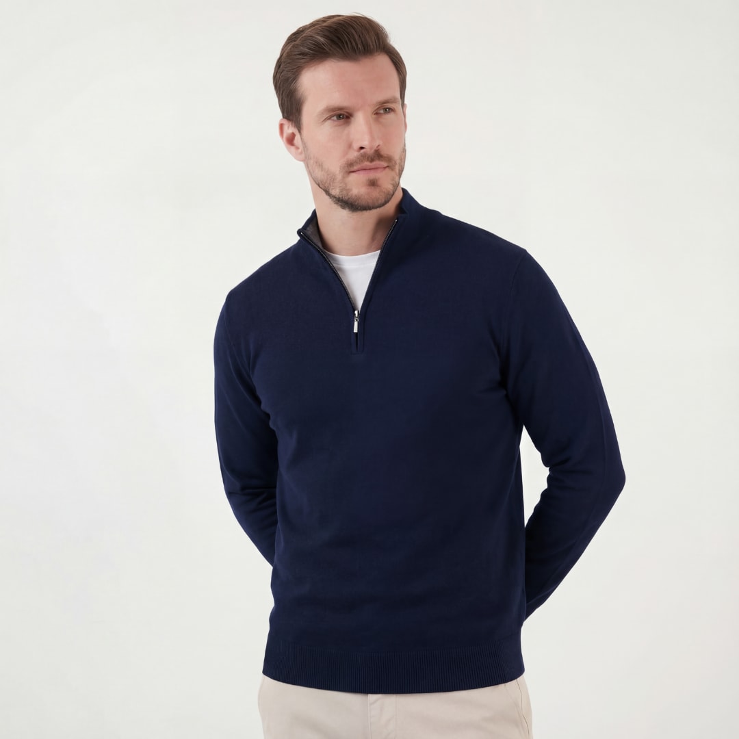 Herren Strickpullover Marineblau mit Stehkragen | Josef_1