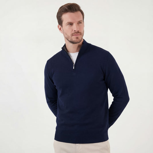 Herren Strickpullover Marineblau mit Stehkragen | Josef_1