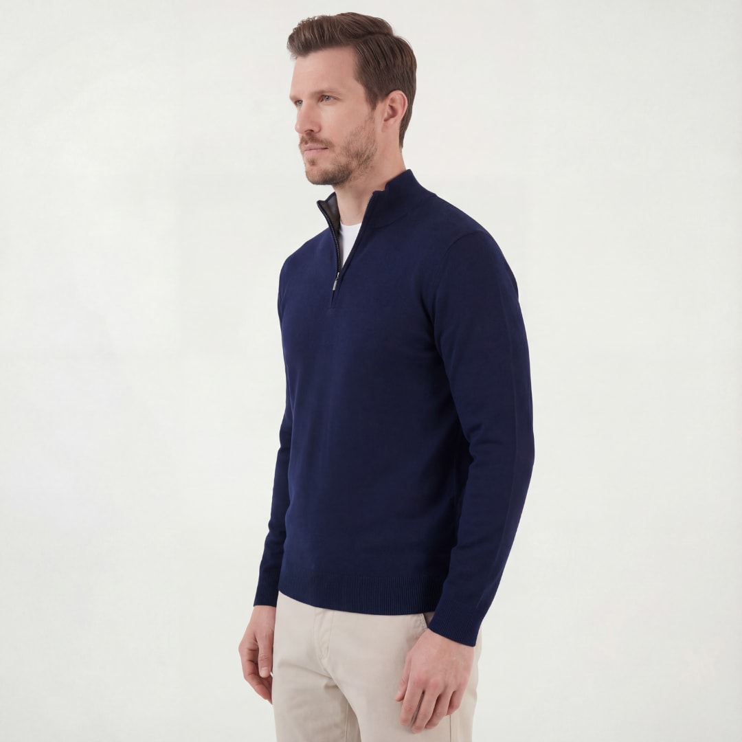 Herren Strickpullover Marineblau mit Stehkragen | Josef